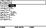 Graphing calculator window settings showing x-range from -10 to 10 and y-range from -100 to 100